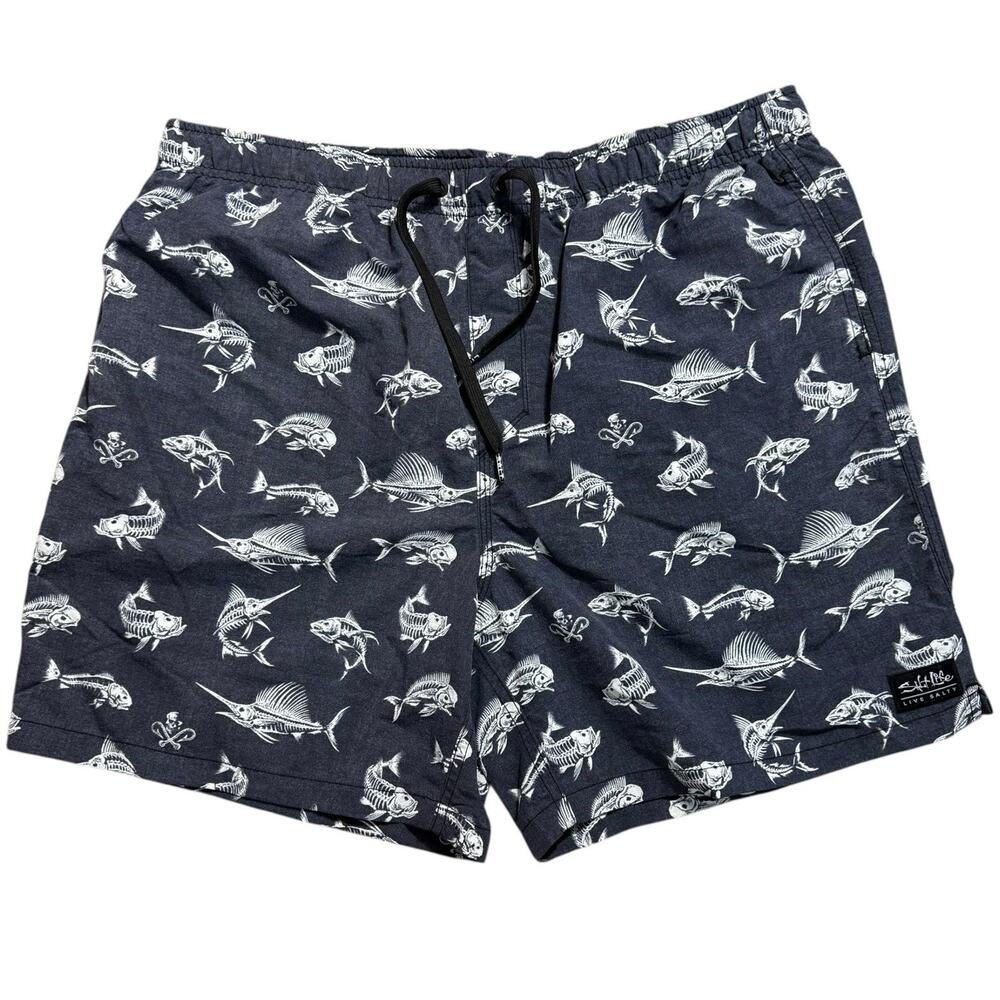 2XL Salt Life Gray White SLX-QD Fish N Bones Aqua Trunks Volley Swim Shorts